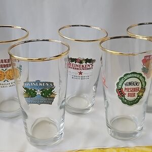 5 Vintage Heineken Gold Rimmed Beer Glass Set